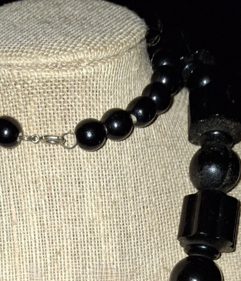Black Bead Statement Necklace - Vintage Lightweight Geometric Chunky